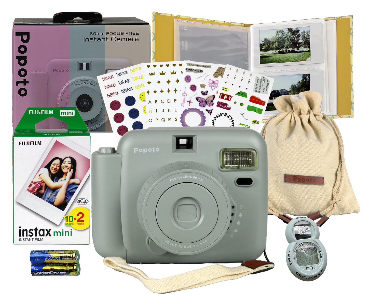 Popoto Instant Camera Kit with Photo Album and Camera bag, 8 in 1 bundle, Fujifilm Instax Mini Film