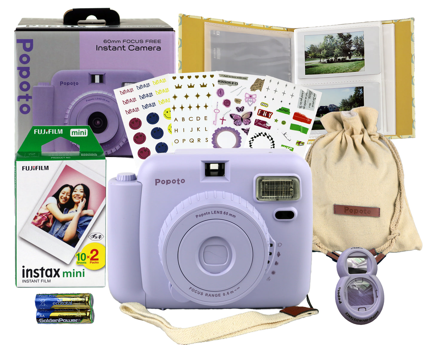 Popoto Instant Camera Kit with Photo Album and Camera bag, 8 in 1 bundle, Fujifilm Instax Mini Film