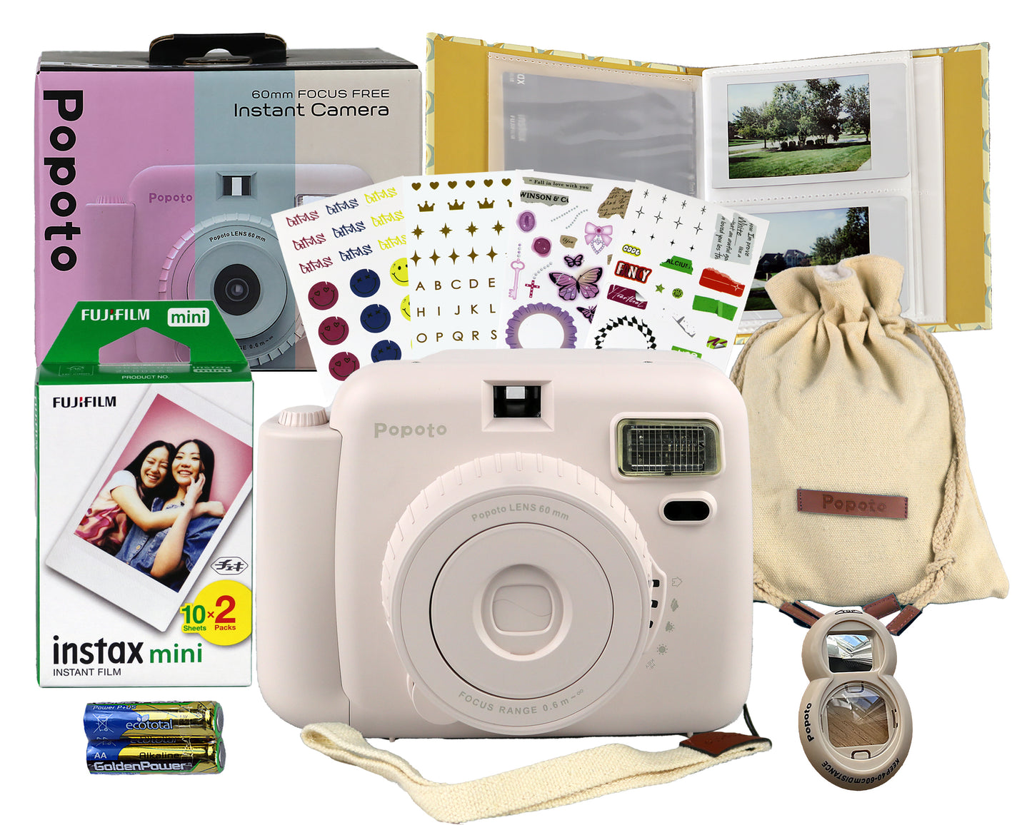 Popoto Instant Camera Kit with Photo Album and Camera bag, 8 in 1 bundle, Fujifilm Instax Mini Film