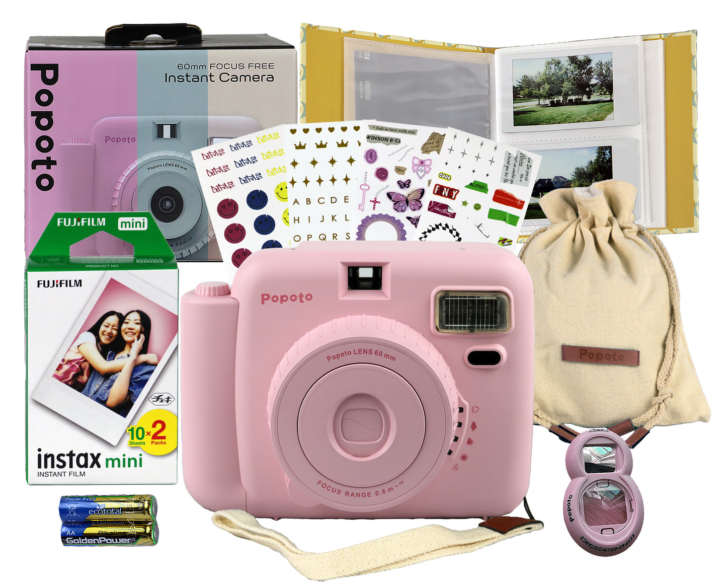 Popoto Instant Camera Kit with Photo Album and Camera bag, 8 in 1 bundle, Fujifilm Instax Mini Film